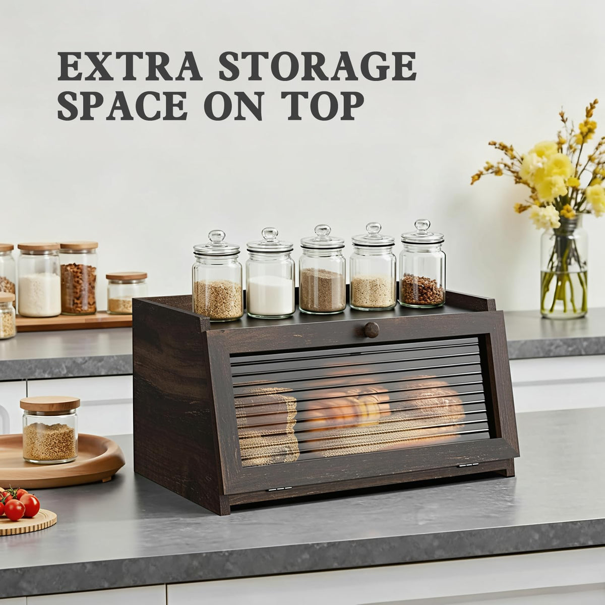 LOHASOK bread box top space doubles as a convenient shelf for small items