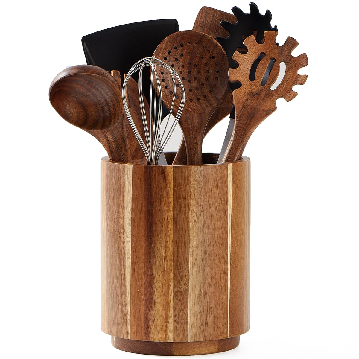 LOHONER Acacia wood utensil crock with 360° rotation for easy access while cooking.