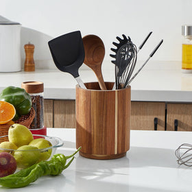 LOHONER Acacia wood utensil crock on countertop for organized prep.