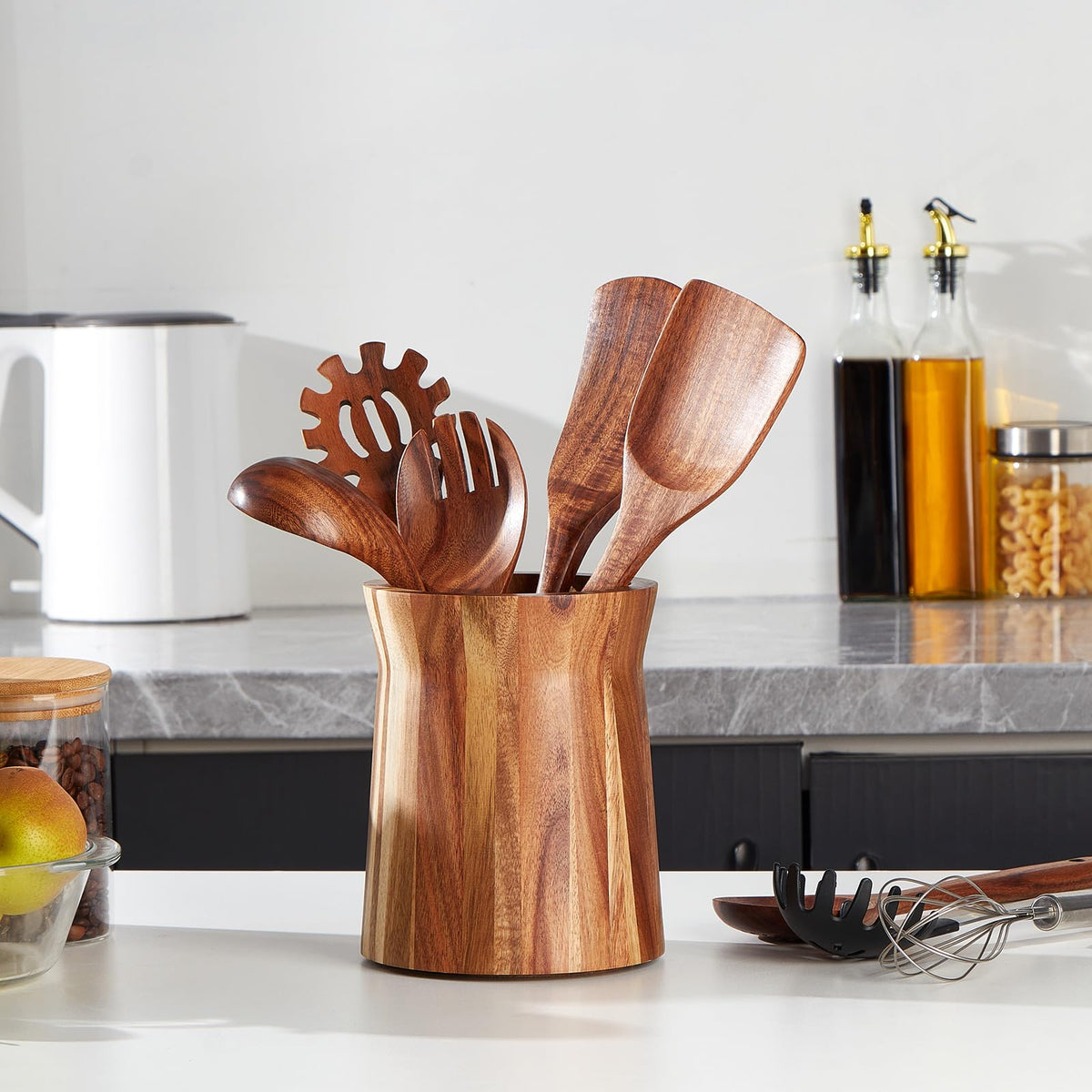 LOHONER natural finish countertop holder blends with rustic kitchen styles.