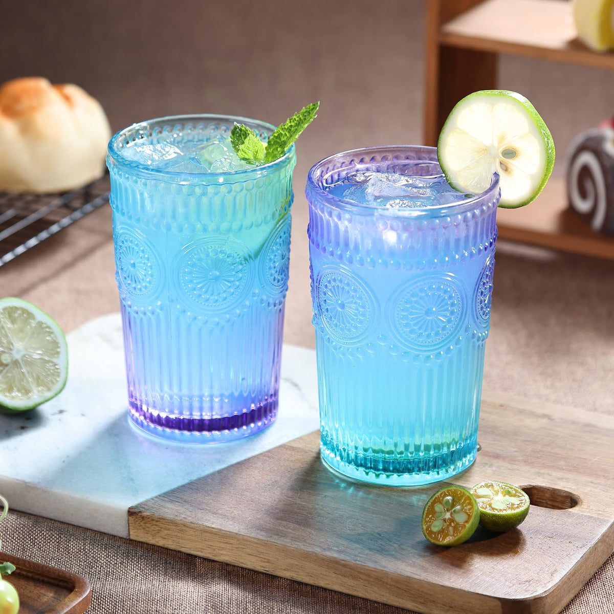 Loivttvv vintage drinking glasses with embossed ribbed sunflowers for an elegant table setting