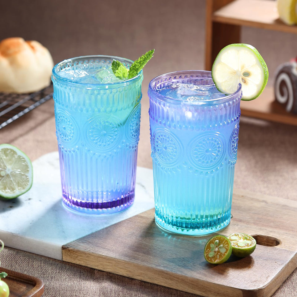 Loivttvv vintage drinking glasses with embossed ribbed sunflowers for an elegant table setting