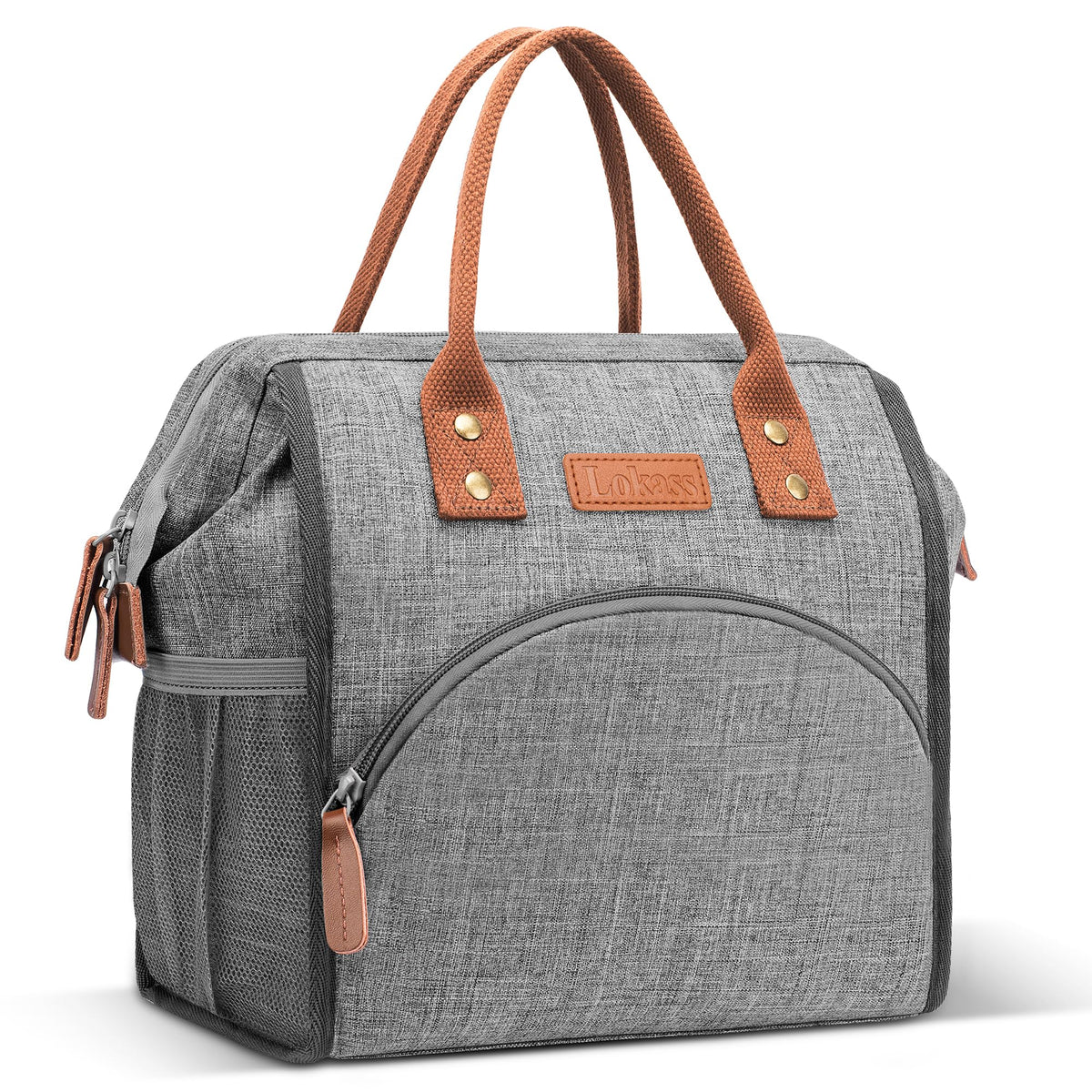 LOKASS insulated lunch bag front view showing organized interior for busy days
