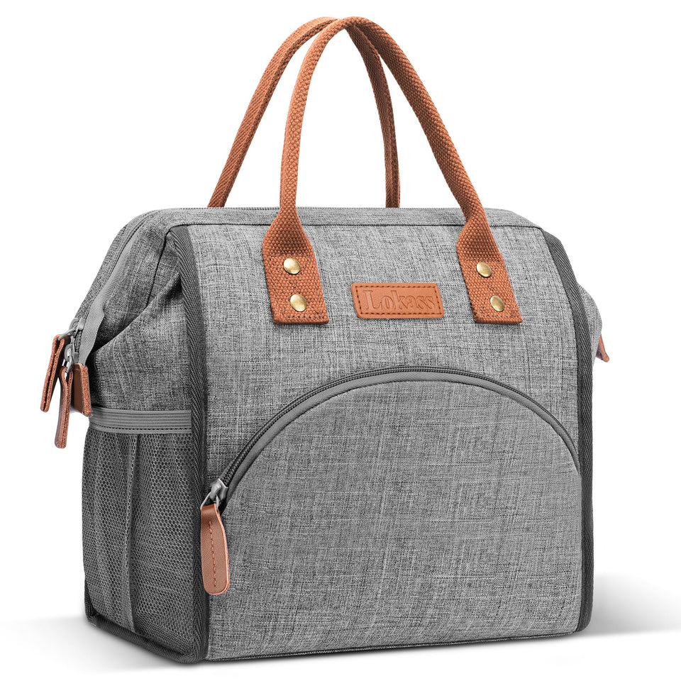 LOKASS insulated lunch bag front view showing organized interior for busy days