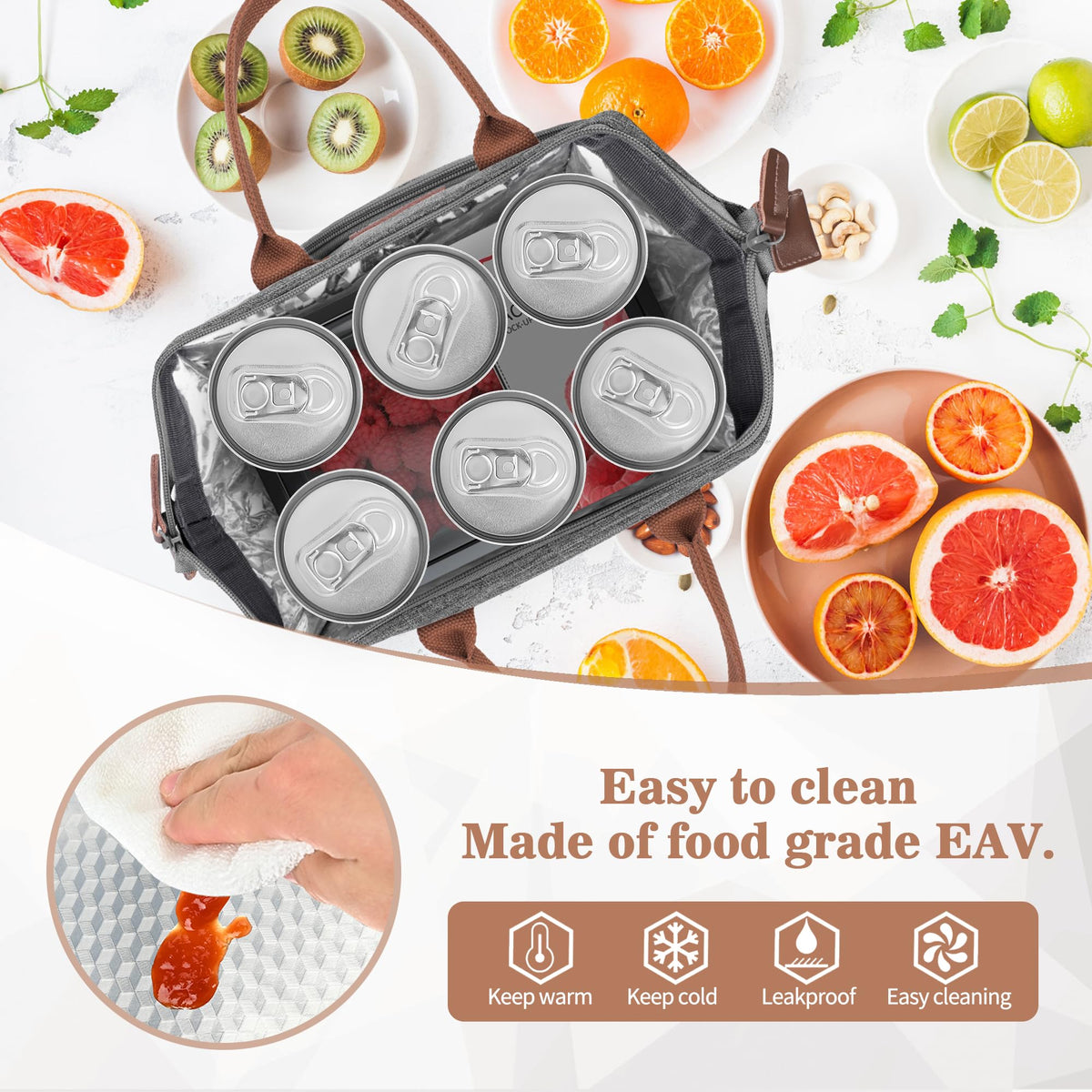 LOKASS lunch bag grey waterproof exterior protects contents in light rain