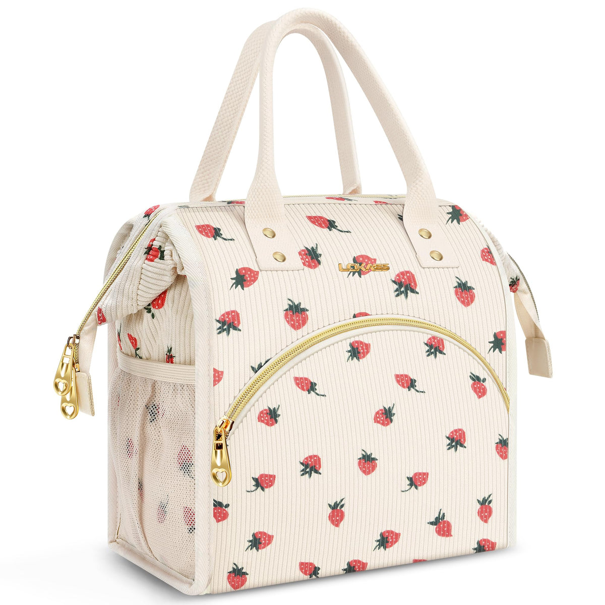 LOKASS strawberry corduroy lunch bag front view, stylish daily meals.