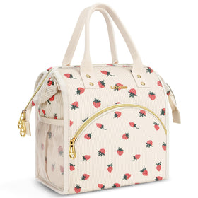 LOKASS strawberry corduroy lunch bag front view, stylish daily meals.