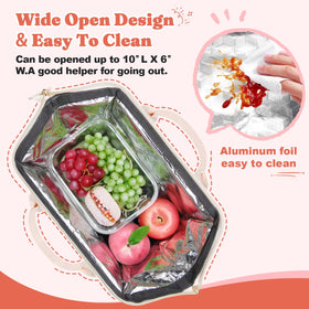 LOKASS strawberry corduroy lunch bag wide opening for easy packing.