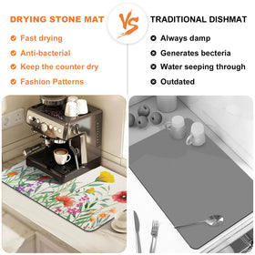 LOKHOM drying mat beside the coffee maker catches drips and dries dishware
