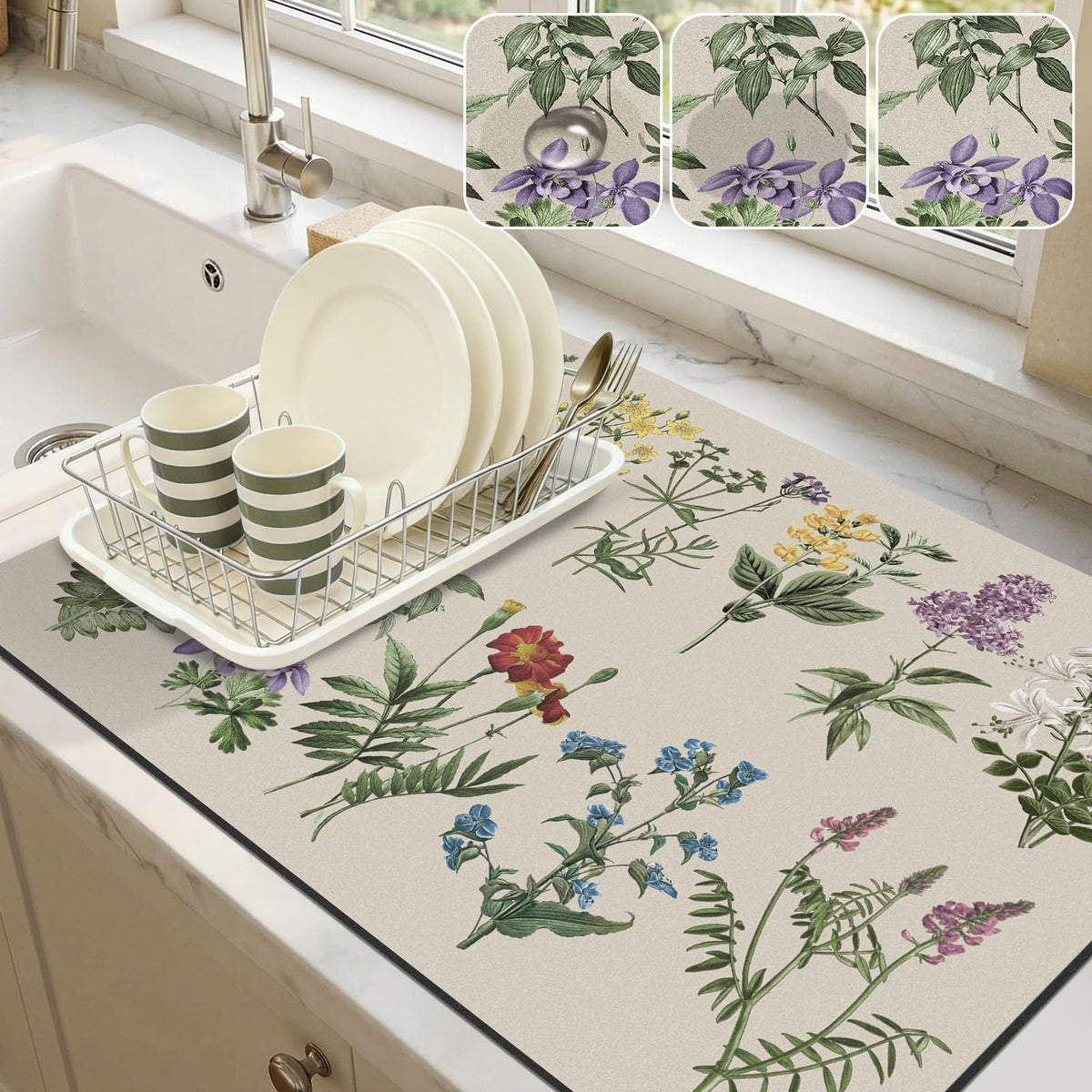 LOKHOM dish drying mat with sage flowers absorbs moisture on kitchen counters