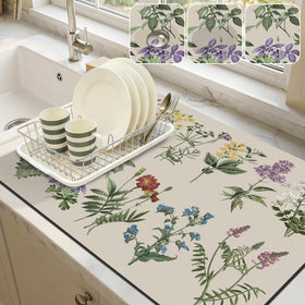 LOKHOM dish drying mat with sage flowers absorbs moisture on kitchen counters