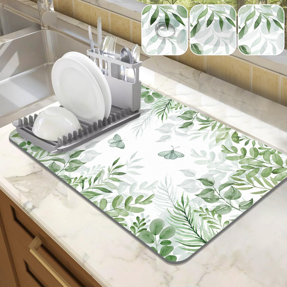 LOKHOM dish drying mat with green plant butterfly design on countertop