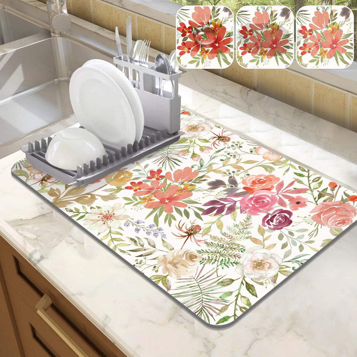 LOKHOM dish drying mat with rose-petal design dries quickly, keeping counters tidy.