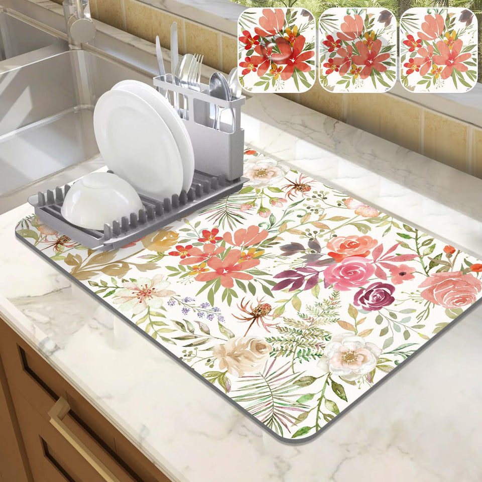 LOKHOM dish drying mat with rose-petal design dries quickly, keeping counters tidy.