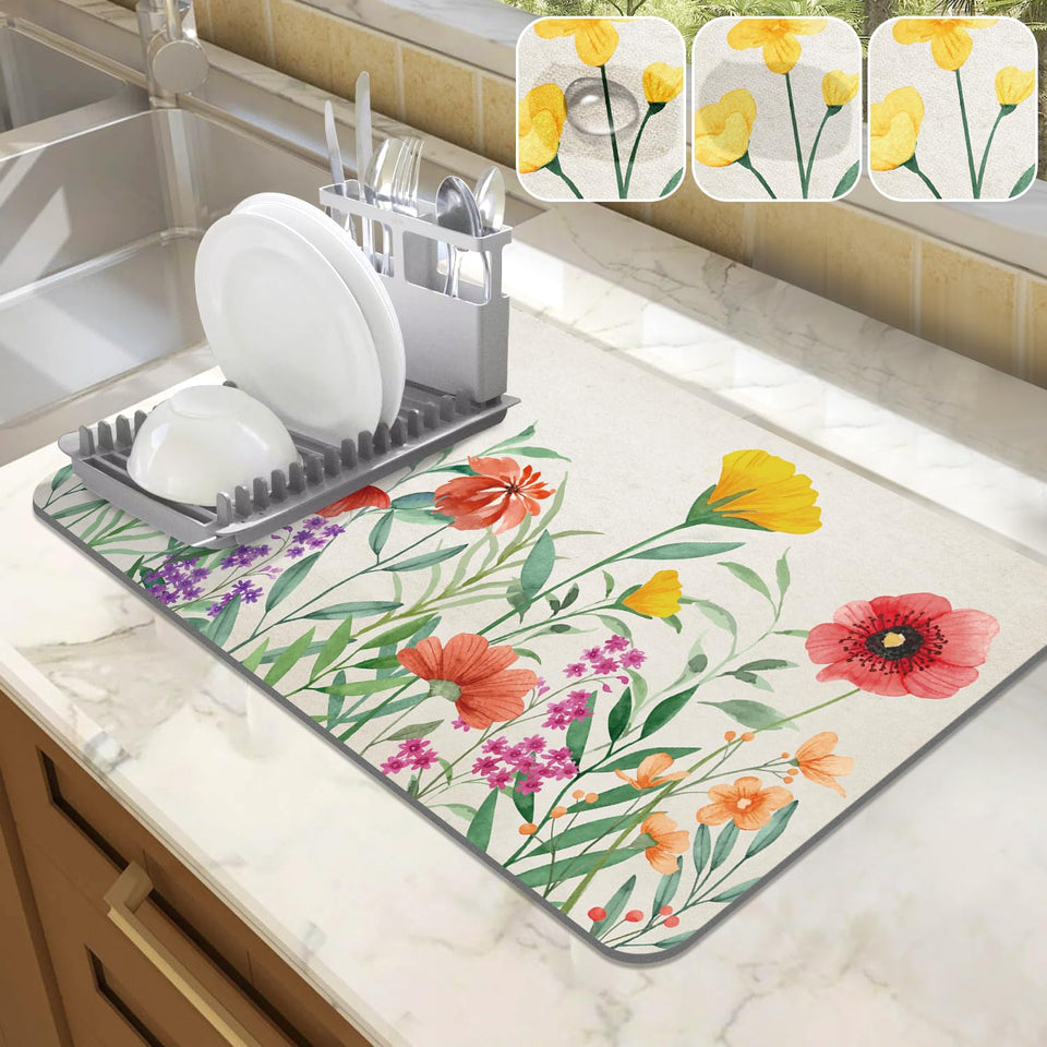 LOKHOM dish drying mat with spring floral design keeps countertops dry