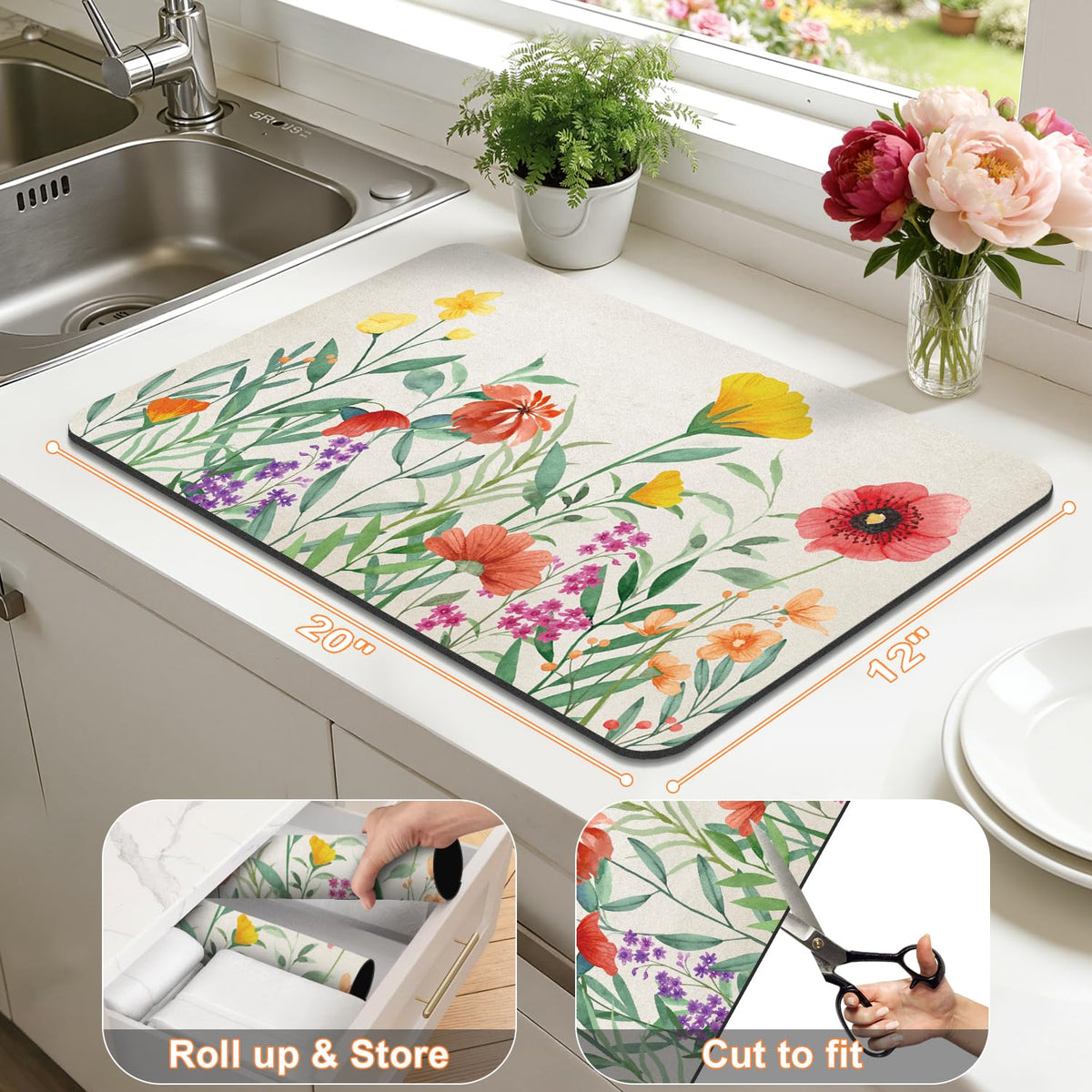 LOKHOM spring floral dish drying mat in large size protects kitchen counters