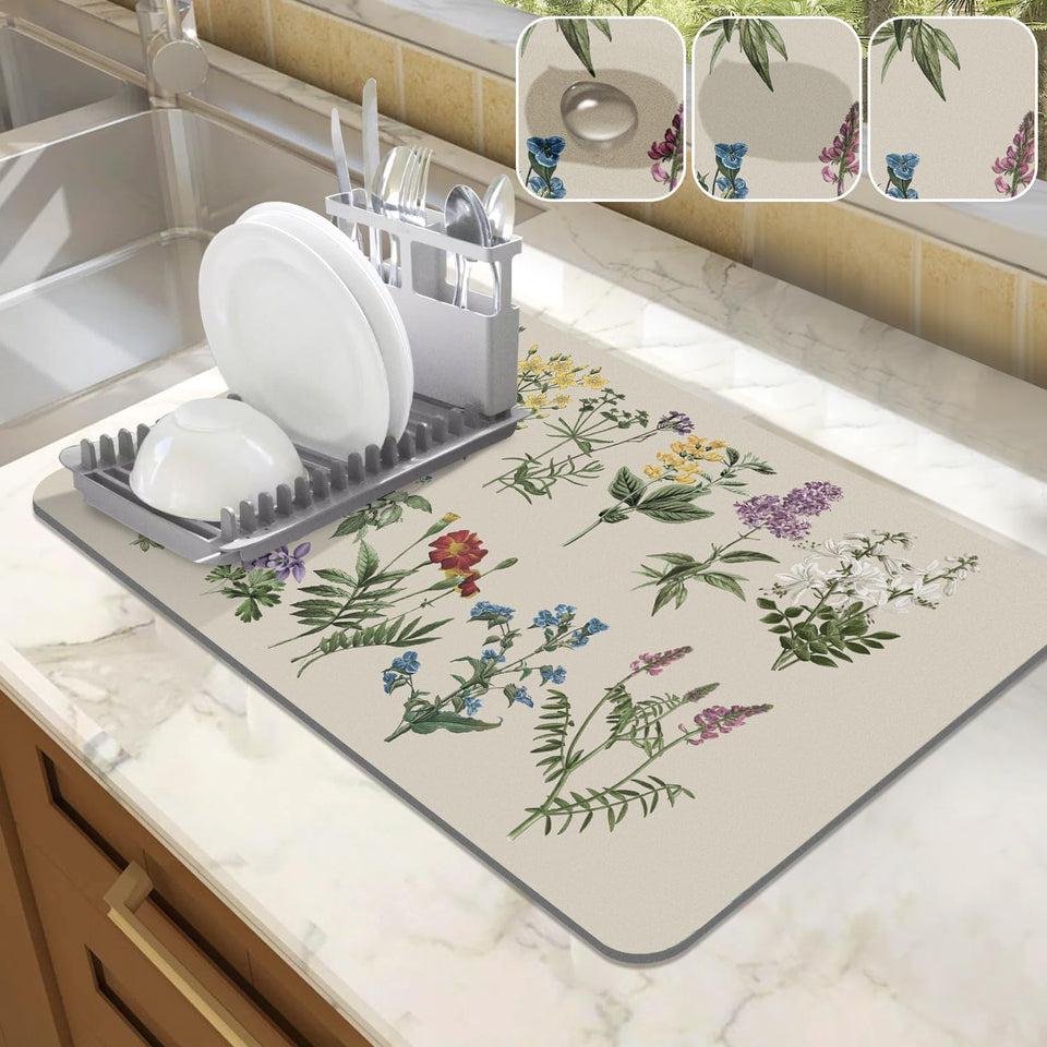 LOKHOM dish drying mat with vintage sage flower design keeps counters dry