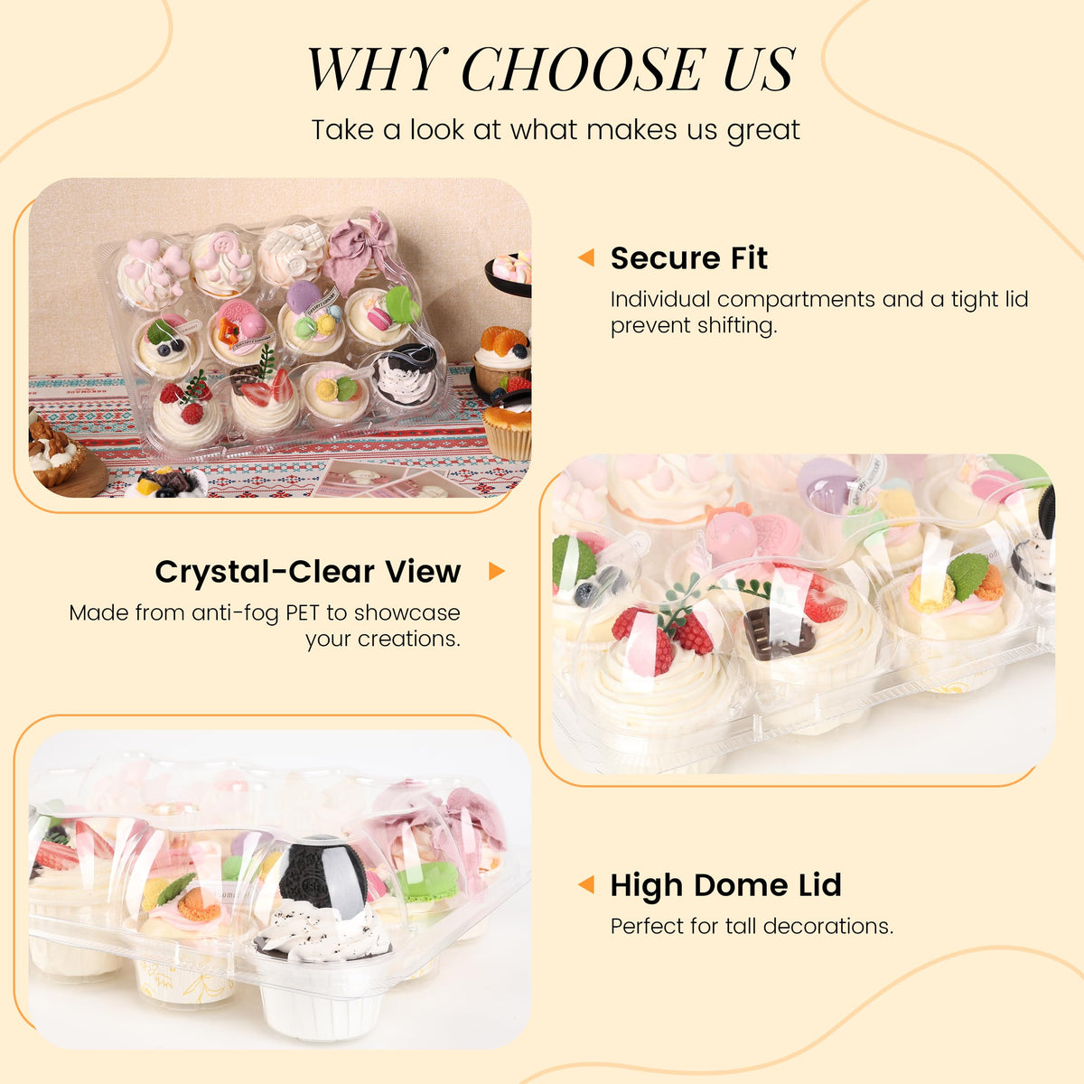 LOKQING 12-count box fits cupcakes up to 2.2 inches for neat single-serving portions