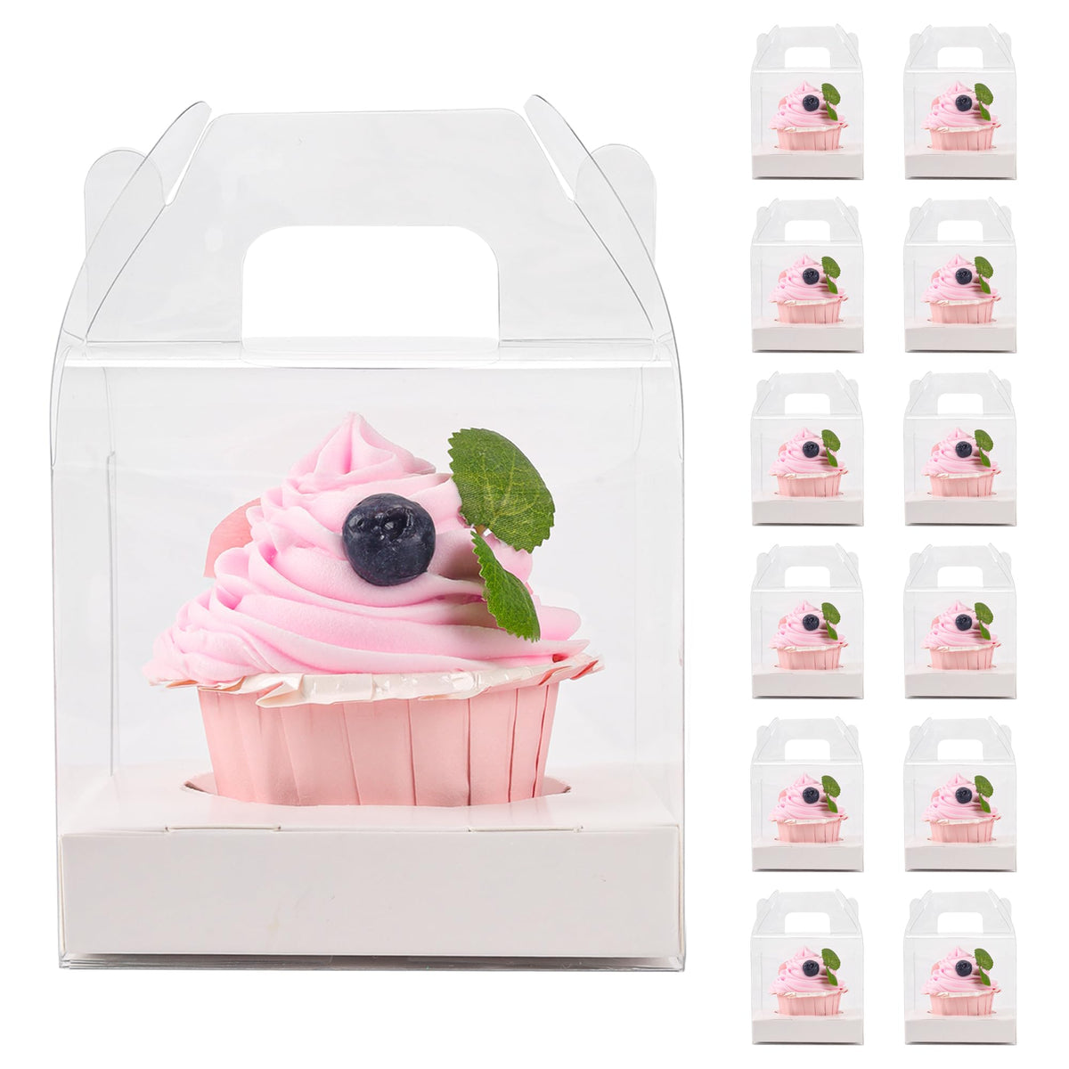 LOKQING 30-pcs cupcake container with handle shows transparent display for elegant party favors.