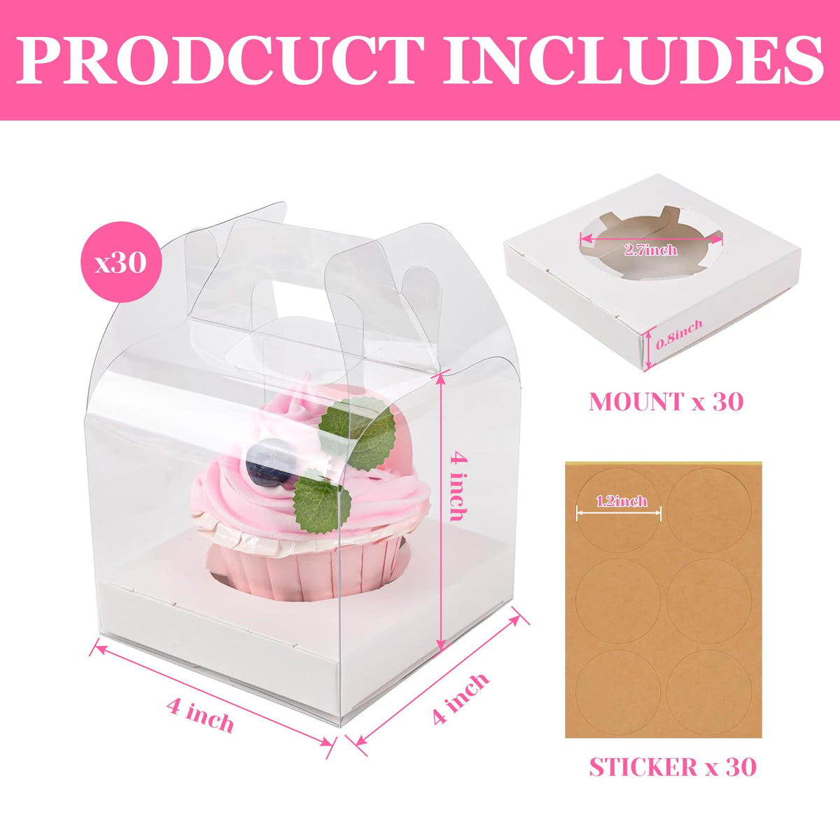 LOKQING food-safe PET cupcake box 4x4x6 inches for safe transport.