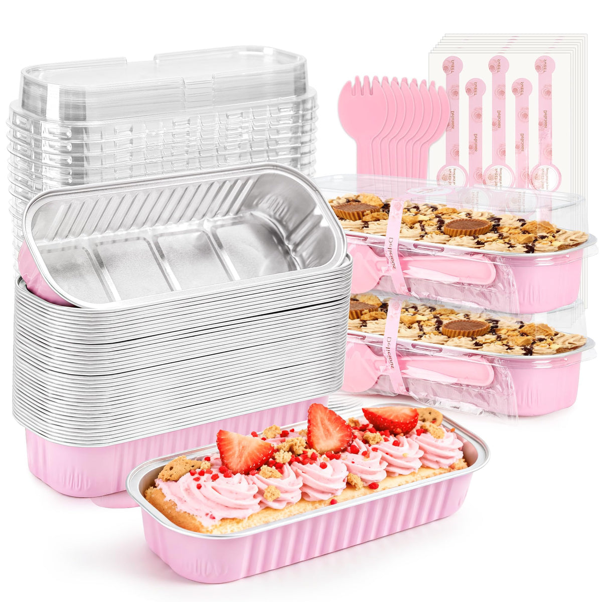 LOKQING pink mini loaf pans with lids displaying desserts at a party