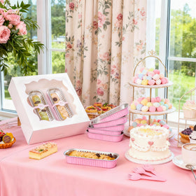 LOKQING pink lids on rectangular aluminum pans for elegant presentation