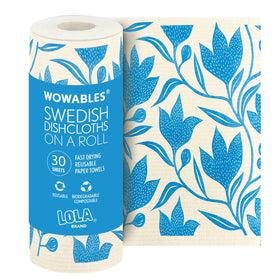LOLA dishcloth roll with floral pattern on display, eco-friendly cleanup companion