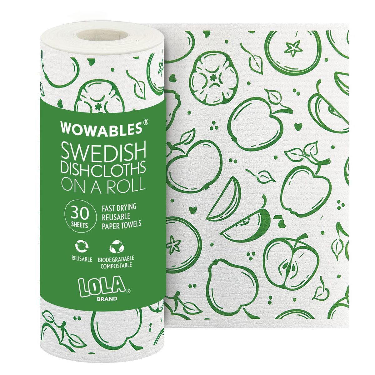 LOLA fruit-pattern dishcloth roll for quick kitchen cleaning.