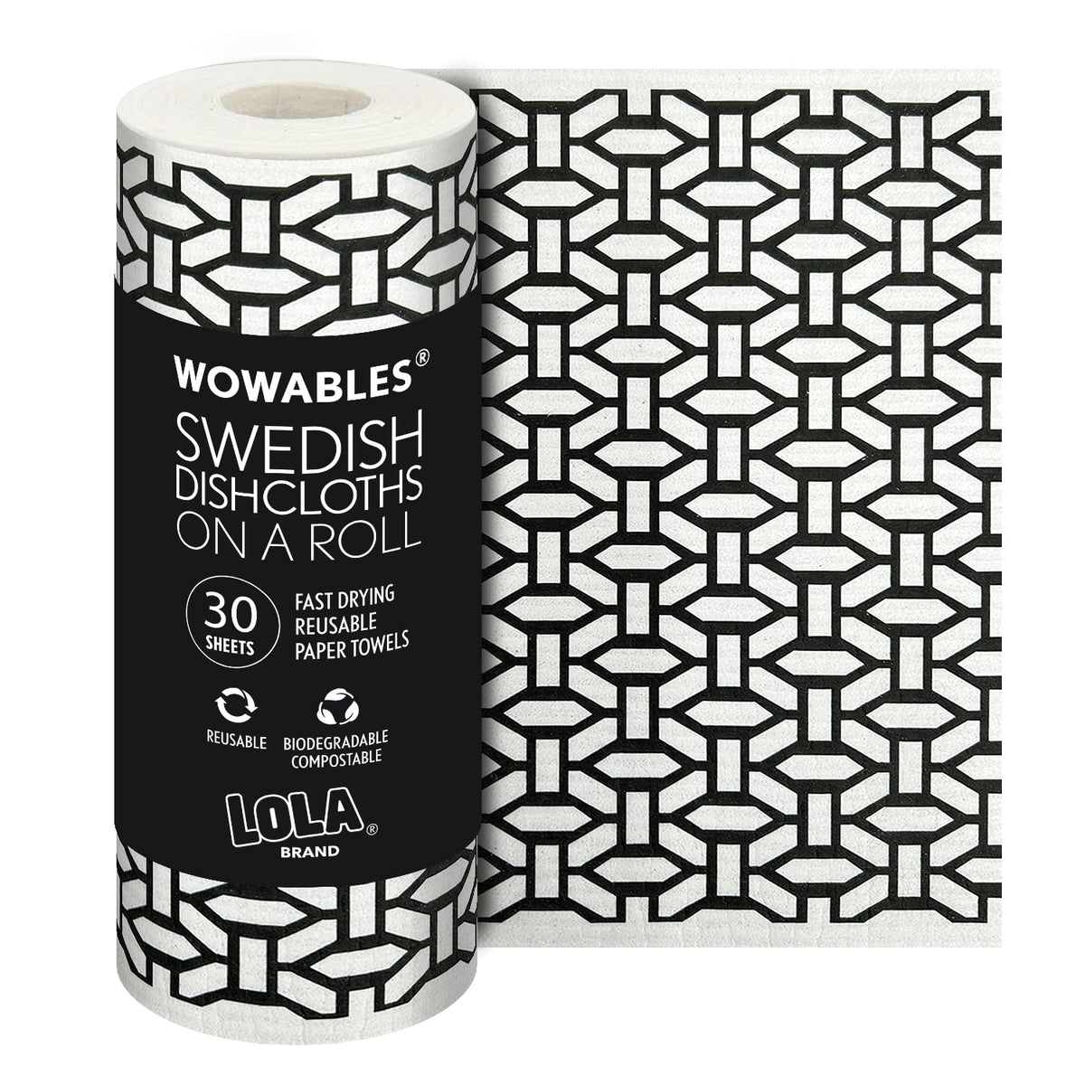 LOLA Swedish dishcloths XL roll with geometric pattern for stylish, high-absorbency kitchen cleaning