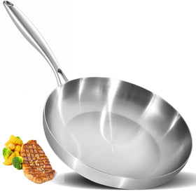 LOLYKITCH 12-inch tri-ply pan on stove delivers even heat for quick weeknight meals.