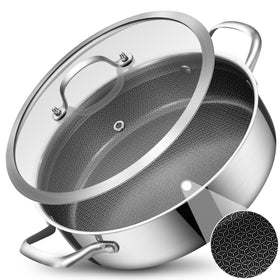 LOLYKITCH 5qt hybrid ceramic sauté pan with lid on, ideal for simmering sauces