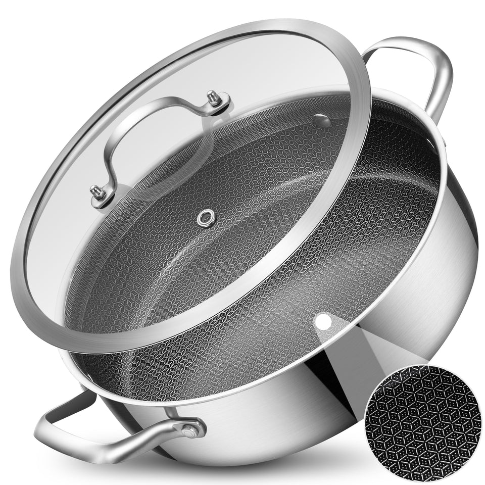 LOLYKITCH 5qt hybrid ceramic sauté pan with lid on, ideal for simmering sauces