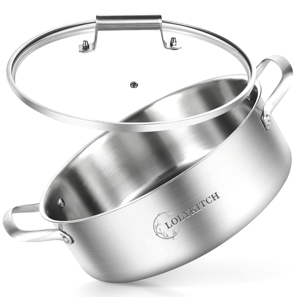 LOLykitch 8qt stainless steel saute pan with lid, ideal for large batch meals.