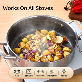 LOLYKITCH tri-ply pan with aluminum core and stainless steel layers for even heating