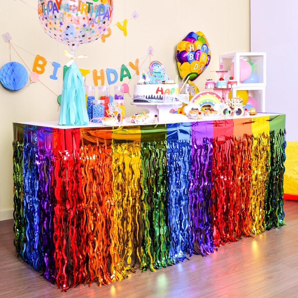 LOLStar rainbow table skirt red-orange shimmer for vibrant birthday party decor.
