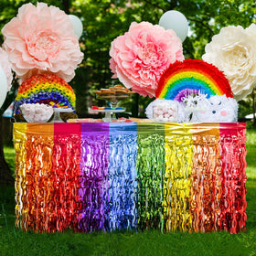 LOLStar rainbow table skirt close-up highlights reflective fringe detail.