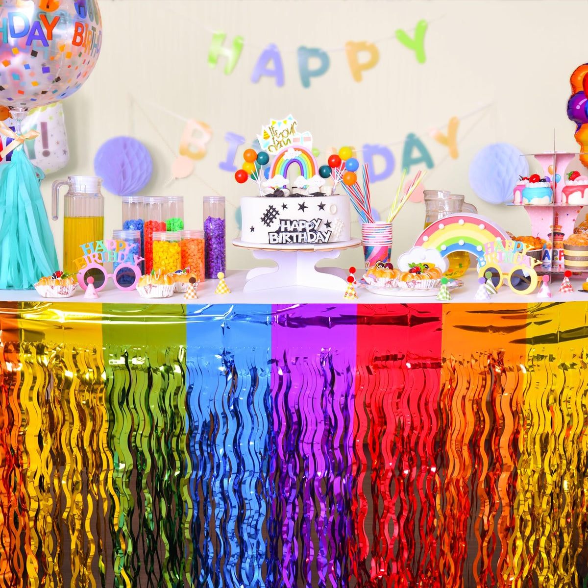 LOLStar rainbow table skirt with wavy foil fringe enhances party ambiance and photo moments.