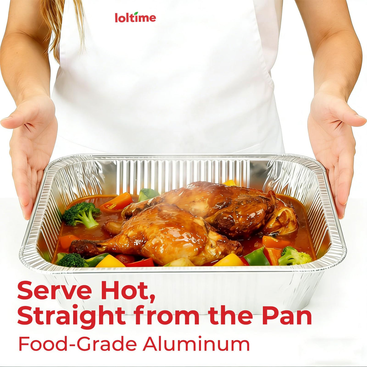 LOLtime heavy-duty foil pan supports roasts and casseroles without leaks.