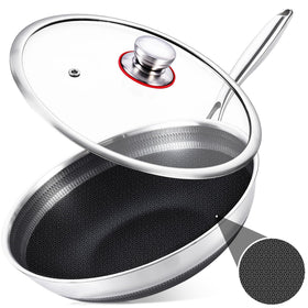 LOLYKITCH 13-inch hybrid wok with lid on stove for even heat and fast stir-fries.