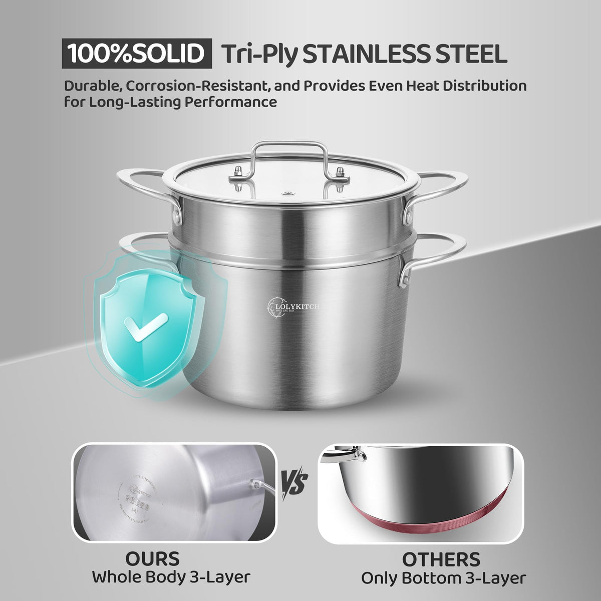 LOLYKITCH 3 ply steamer base delivers stable contact on induction and all stovetops.