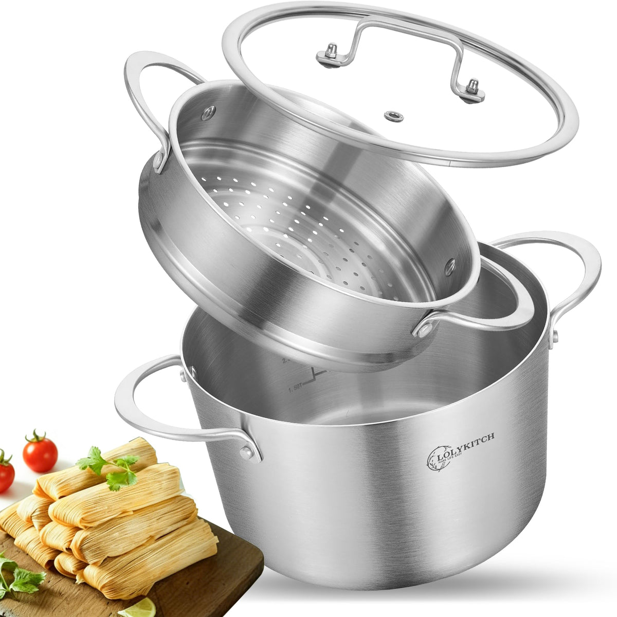 LOLYKITCH 5 qt steamer pot with glass lid for clear progress and even steaming.
