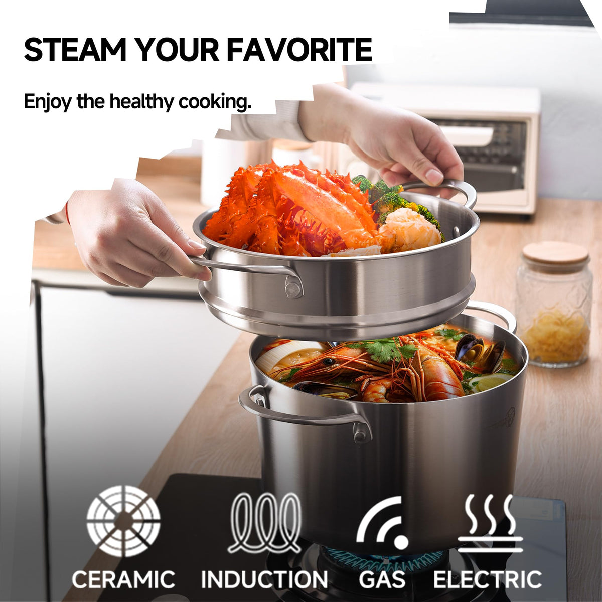 LOLYKITCH brushed finish steamer pot hides fingerprints for easy cleanup and a polished look.