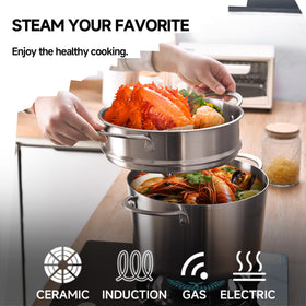 LOLYKITCH brushed finish steamer pot hides fingerprints for easy cleanup and a polished look.