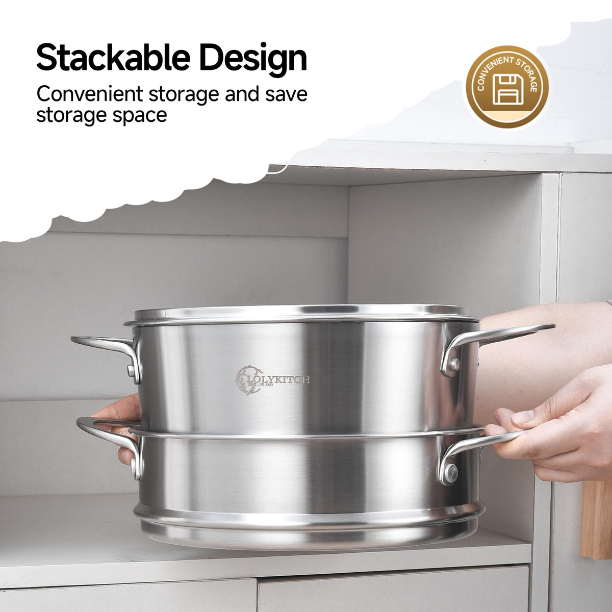 LOLYKITCH 3-piece set enables steaming above while simmering below for efficiency.
