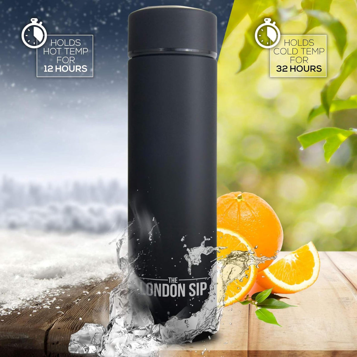 The London Sip 16oz capacity fits bags and car cup holders for adventures.