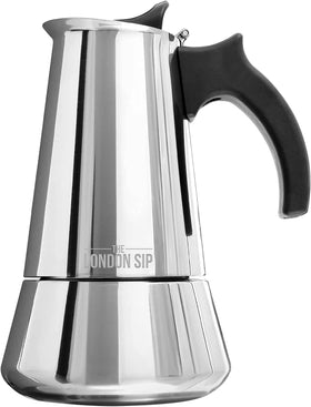 The London Sip stainless steel moka pot top view, ideal for cafe espresso.