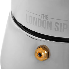 The London Sip moka pot packaging image signals premium coffee experiences