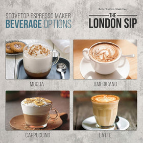 The London Sip moka pot 10-cup capacity marker ready for serving