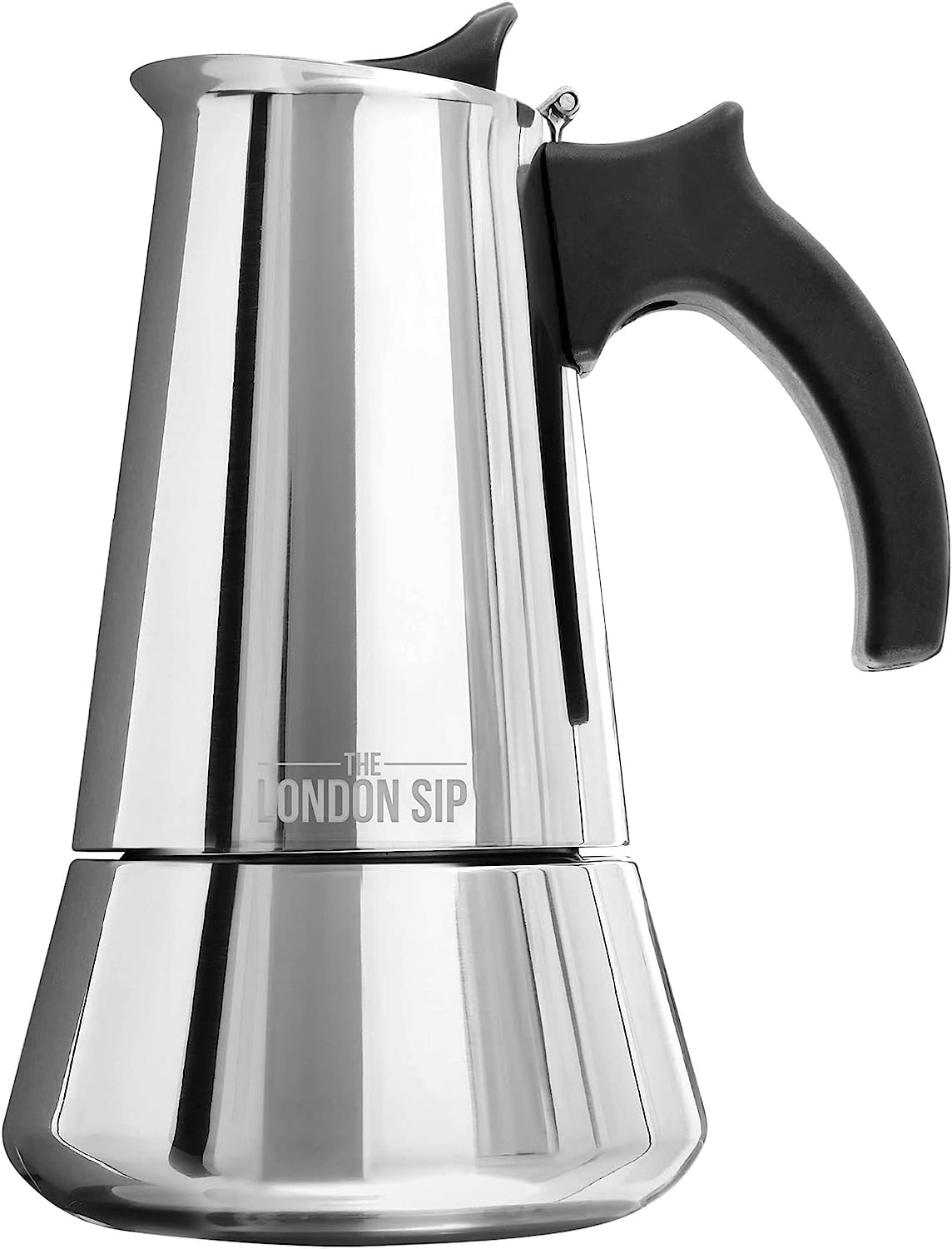 The London Sip moka pot front view shows durable stainless steel for pure espresso