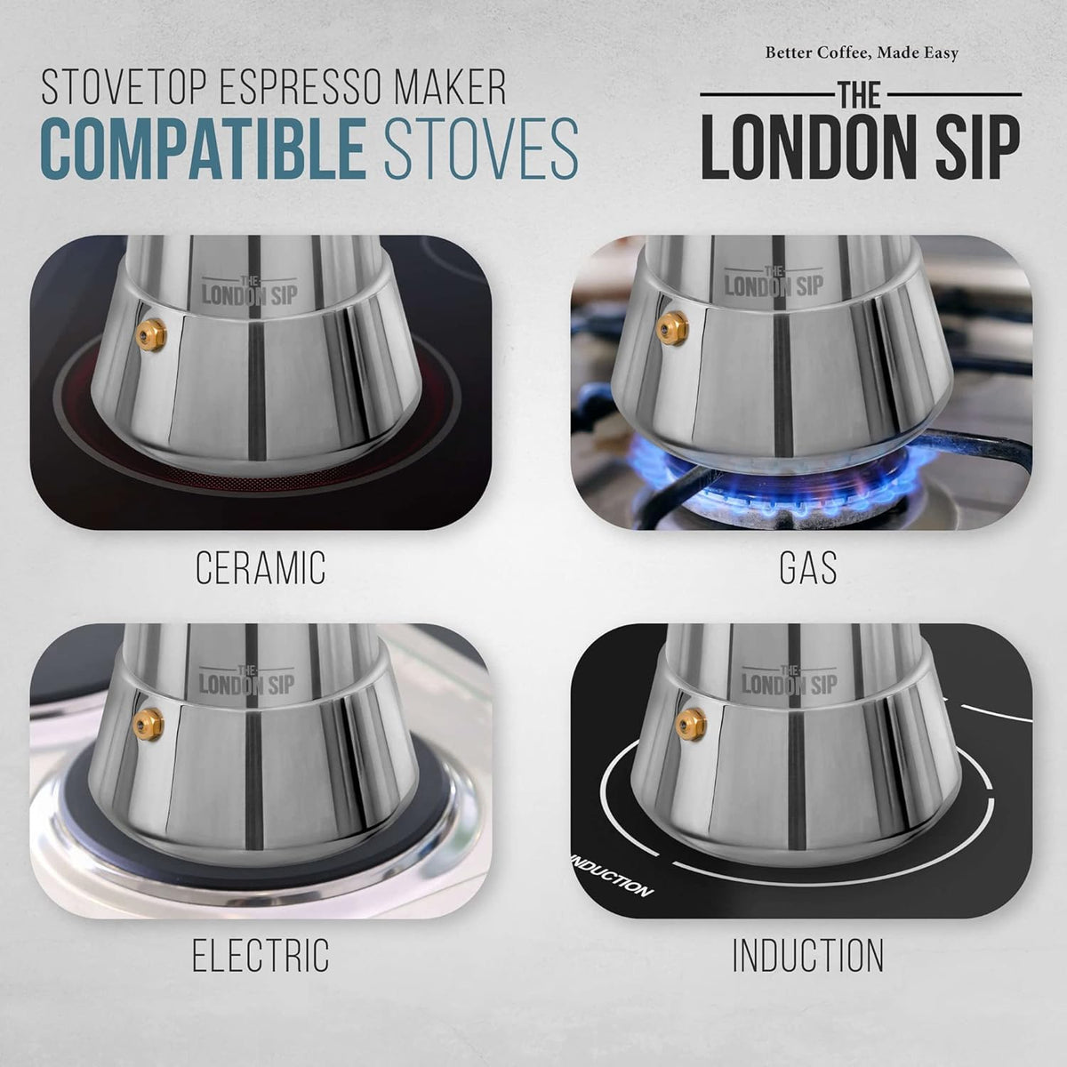 The London Sip moka pot induction-base ensures versatile cooking at home